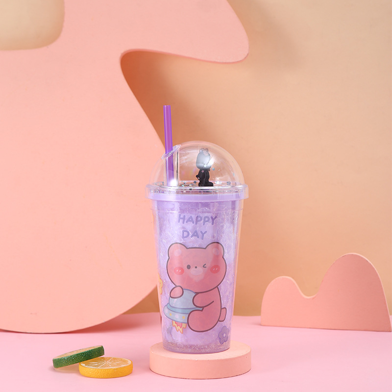 Creative Broken Ice Bear Plastic Water Cup Portable Drop-Resistant Summer Ice Cup Cartoon Double Plastic Straw Cup Wholesale