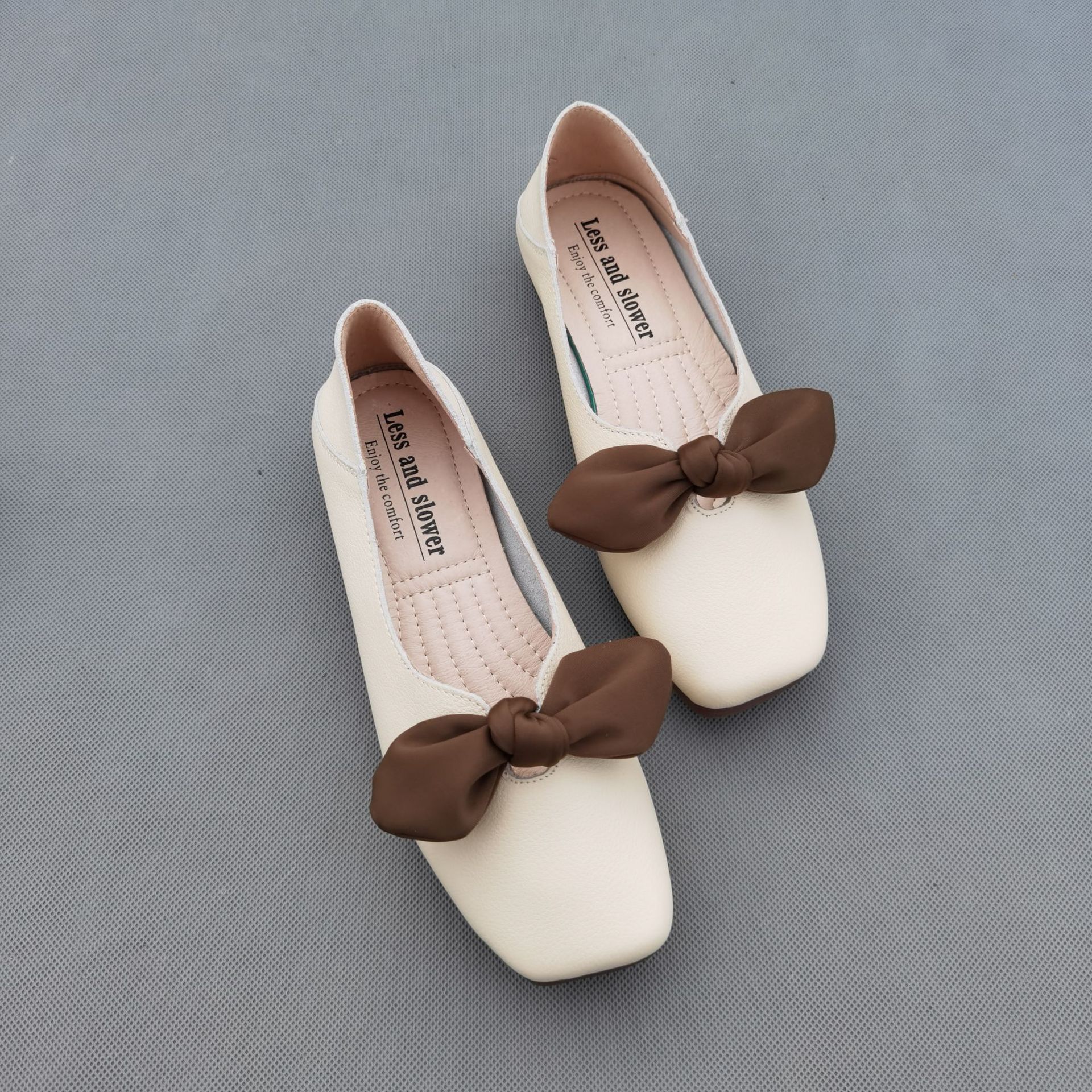 春夏两穿牛皮女单鞋 蝴蝶结小方头皮鞋 很舒服l1835