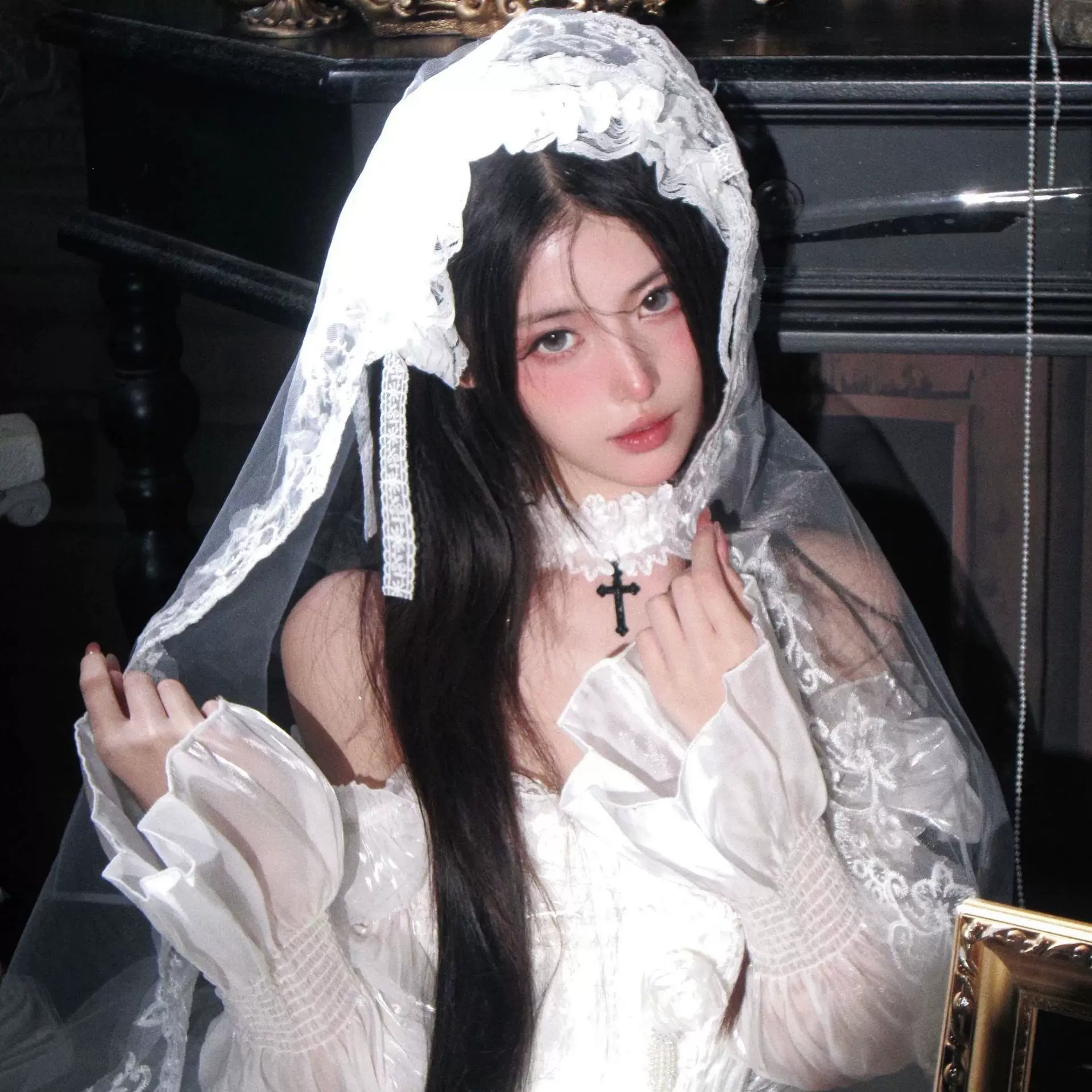 鬼新娘白色头纱女万圣节哥特风发饰cos洛丽塔lolita花嫁新娘头饰