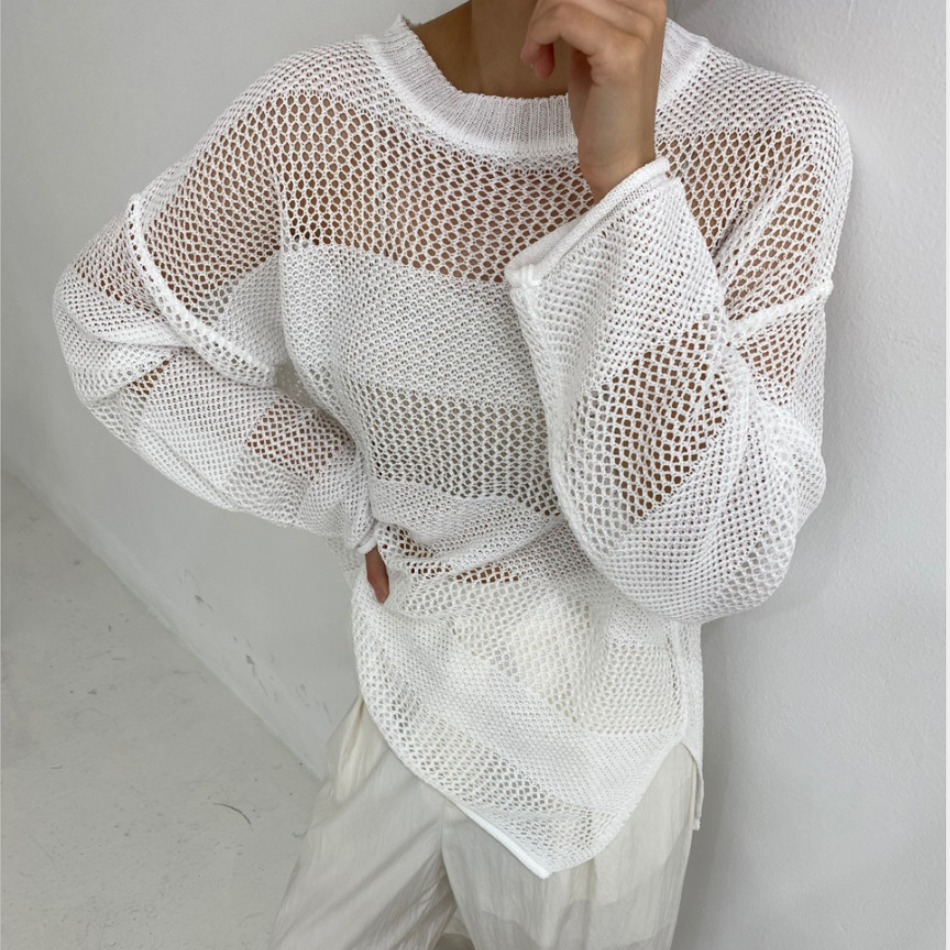 韩国chic小众慵懒风圆领网格镂空透视感设计宽松长袖罩衫针织衫女