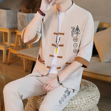 中国风套装男棉麻佛系汉服搭配一套唐装夏季短袖休闲开衫t恤传统