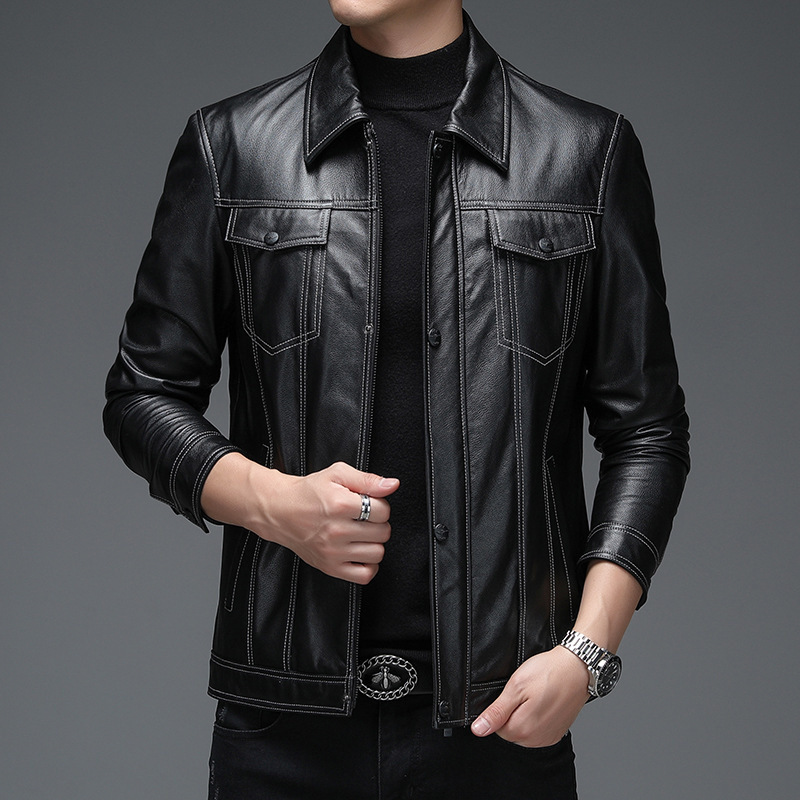 2021海宁皮衣皮革男西服领韩版牛皮休闲短夹克外套帅气机车服
