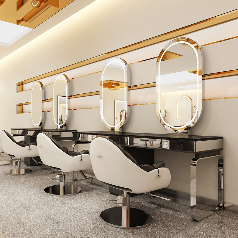 不锈钢大理石镜子烫染桌美发店理发店柜子一体发廊用美容院黑镜台