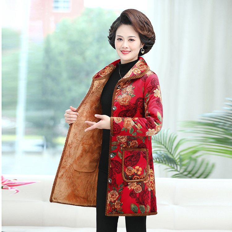 中老年人棉衣女加绒加厚妈妈冬装新款棉服中长款花棉袄奶奶外套