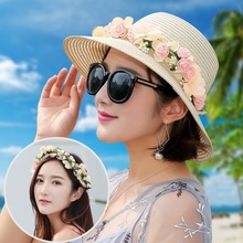 帽子女夏天草帽韩版百搭出游遮阳帽花朵海边沙滩太阳折叠凉帽