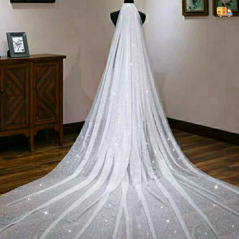 新款亮闪头纱超长大拖尾婚纱礼服新娘结婚婚纱减龄头纱蓝依凝