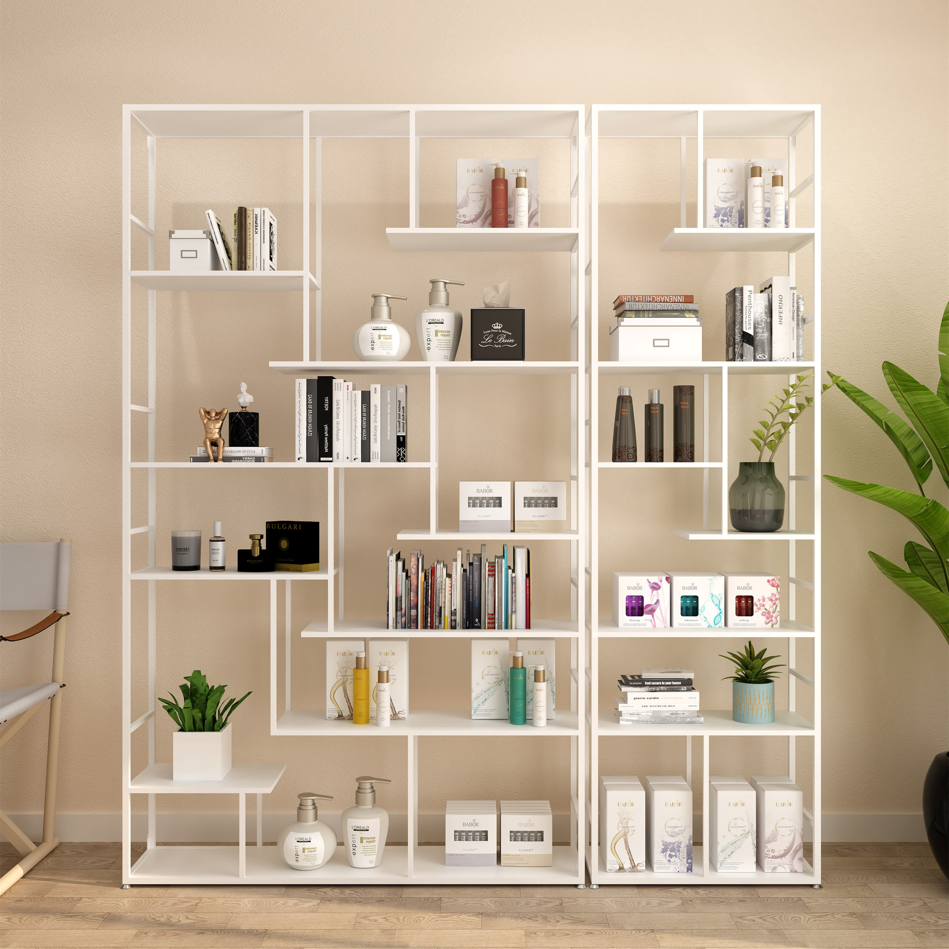 美容院产品展示柜婚纱架影楼收纳工作室靠墙置物化彩妆饰品白色架