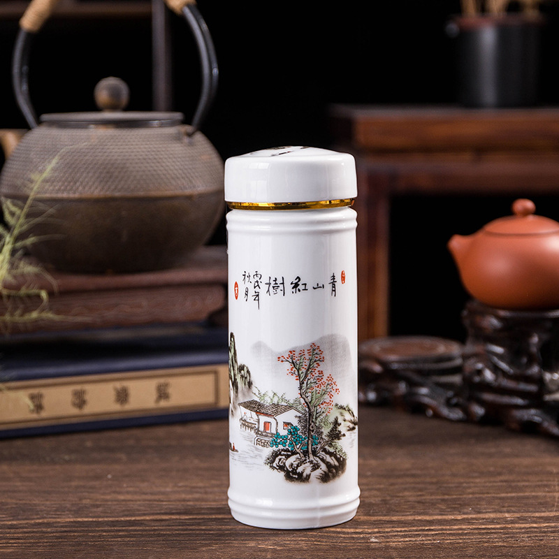 Making Jingdezhen Ceramic Cup Thermos Cup Men and Women Double Wall Water Bottle Tea Cup with Lid Blue and White Porcelain Cup Ceramic Inner Pot