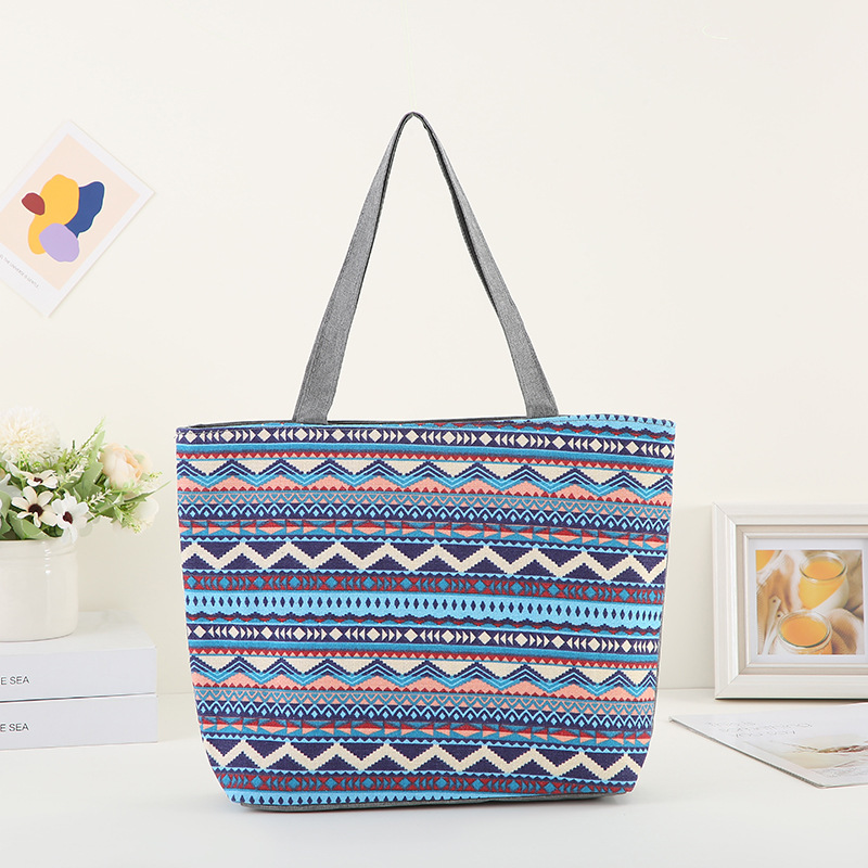 New Cross-Border Simple Printed Canvas Shoulder Large Capacity Bag Ethnic Style Shopping Bag Factory Wholesale