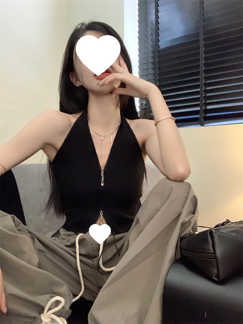 玫红色拉链v领挂脖针织吊带背心女夏季外穿纯欲辣妹性感抹胸上衣