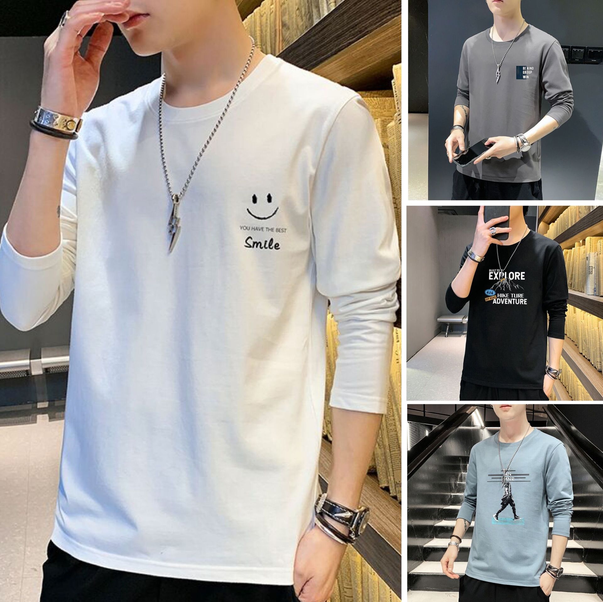 Pure Cotton Long Sleeve T-shirt Men's Spring and Autumn New round Neck Loose All-Matching Hoodie Youth Handsome Bottoming T-shirt Men's Clothing