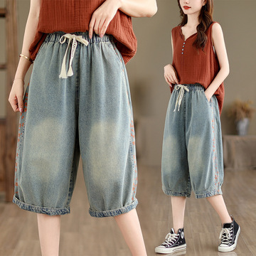 新款实拍夏季休闲牛仔松紧腰印花拼接七分裤女