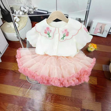 Yumi Cocoa2024夏季韩版新款女童刺绣短袖上衣加可爱tutu网纱裙套
