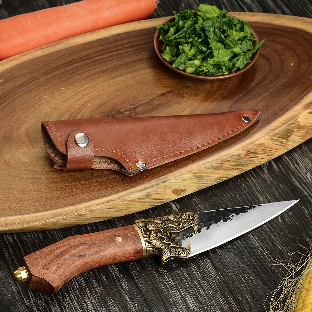 5寸龙泉锤纹多用刀 铜龙头7cr尖头锻打小菜刀酸枝木柄剔骨割肉刀