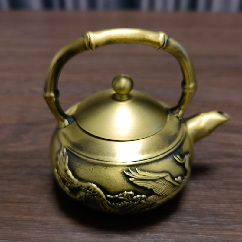 纯铜小茶壶带提手龙凤茶壶纯铜茶壶摆件手把茶壶酒壶金属工艺品