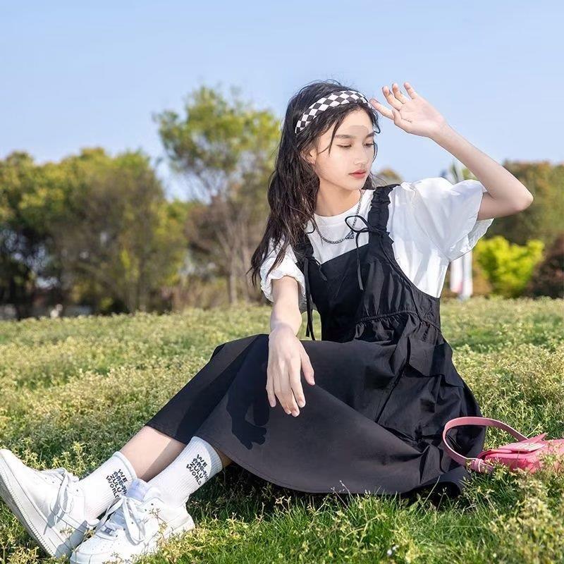 女童夏装套装韩版2023新款13女孩洋气裙子夏季休闲初中生背带裙15