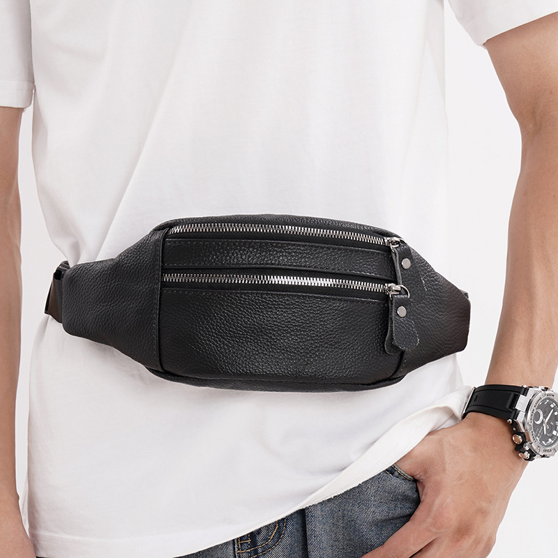 First Layer Cowhide Waist Bag Leather Chest Bag Multi-Functional in Stock Cell Phone Small Bag Waterproof Men's Lychee Pattern Crossbody Bag
