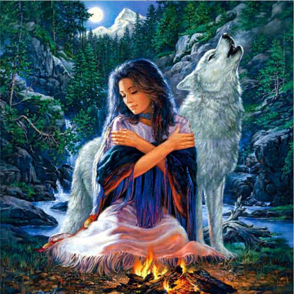 森林烧火取暖白色狼女人风景钻石画