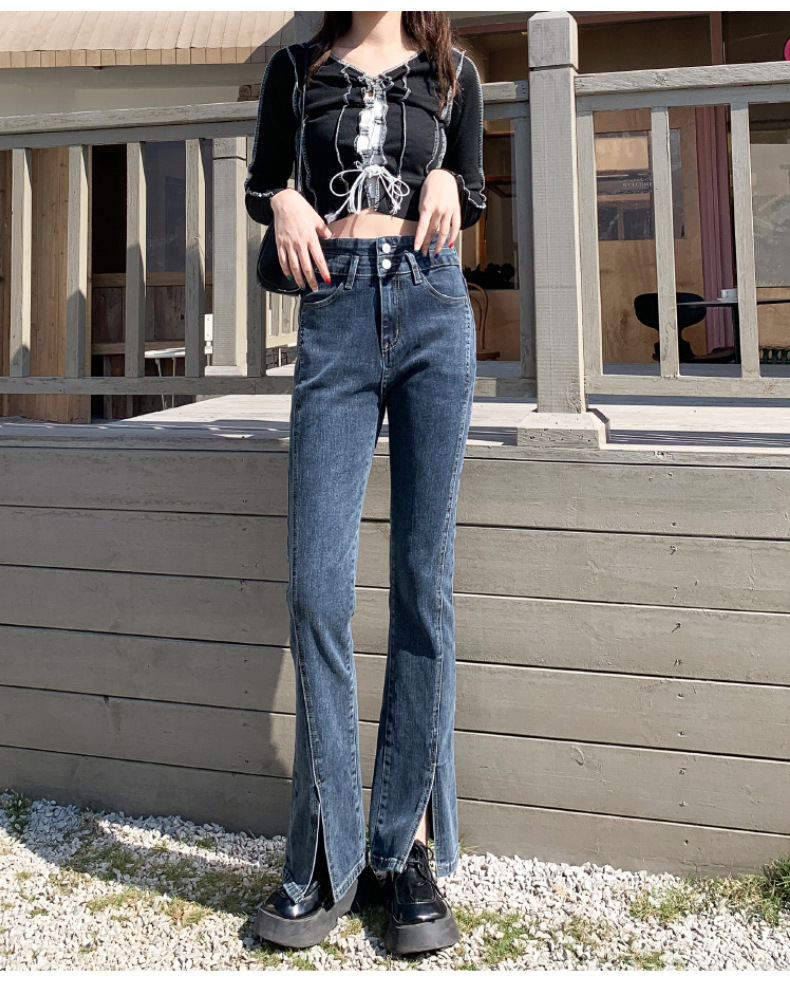 黑色开叉牛仔裤女2022年春季新款高腰弹力显瘦拖地chic微喇叭裤子