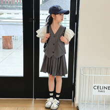 韩系童装女童套装2024夏季新款女孩洋气时髦拼色上衣百褶裙两件套