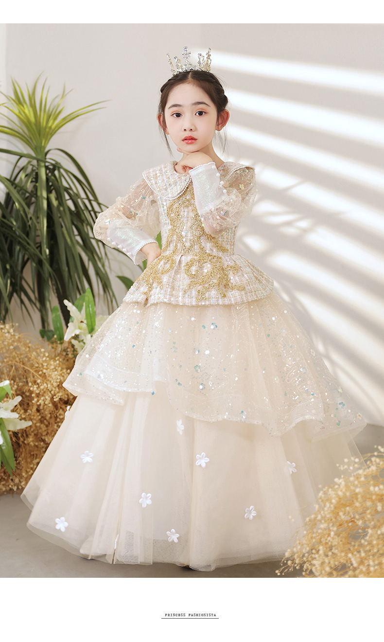 女童洋气公主裙花童翻领钉珠礼服蓬蓬纱儿童主持人钢琴演出服长袖