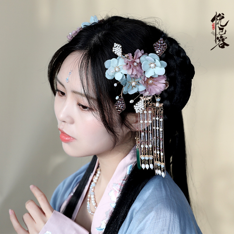 古典风头饰绢花流苏发夹辑珠日常少女仙汉服配发饰[旖旎娇]