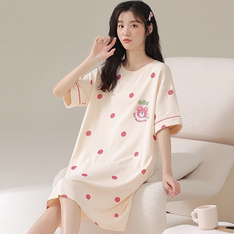 Summer Ladies New Short Sleeve and Long Pattern Nightdress Cartoon Cotton Loose Girl Dress Casual Homewear Pajamas