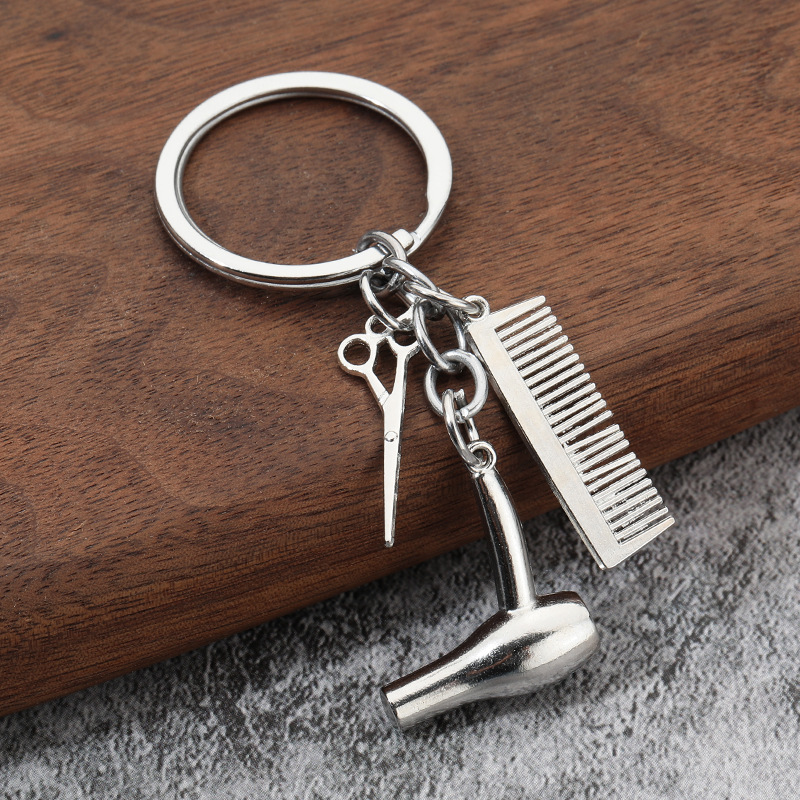 Cross-Border Hot Sale Washing, Cutting and Blowing Alloy Key Ring Hairdressing Scissors Hair Dryer Comb Pendant Car Key Ring Pendant