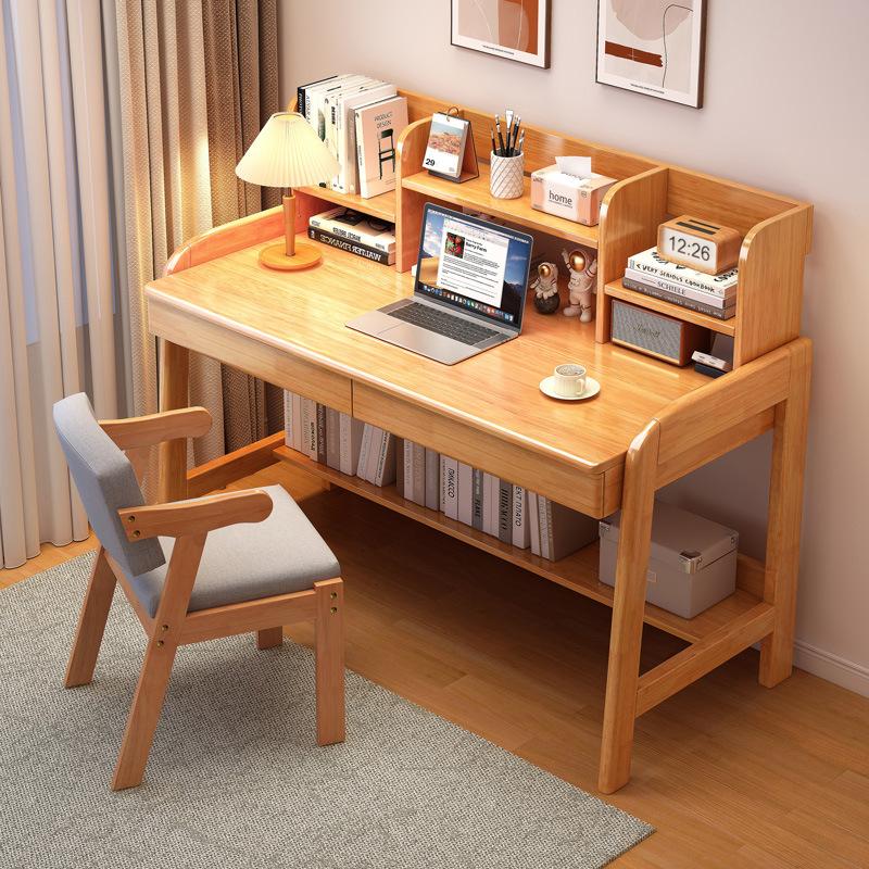 Solid Wood Table Desk Bookshelf Integrated Table Home Bedroom Junior High School Students Learning Writing Computer Table and Chair Set