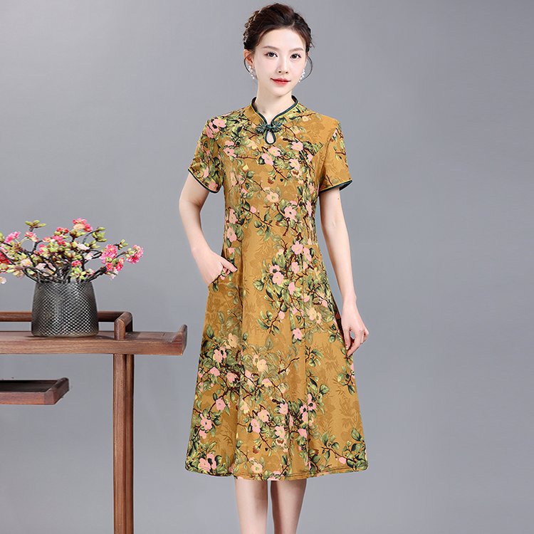 2023 Summer New Dress Large Swing Dress Middle-Aged and Elderly Women's Clothing Mother's Short Sleeve Floral Improved Cheongsam Dress