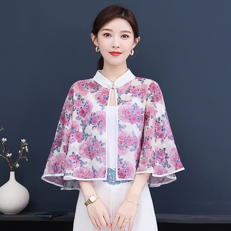 粉色开衫夏季配裙子时尚女款夏天旗袍披肩外搭小外套防晒雪纺披风