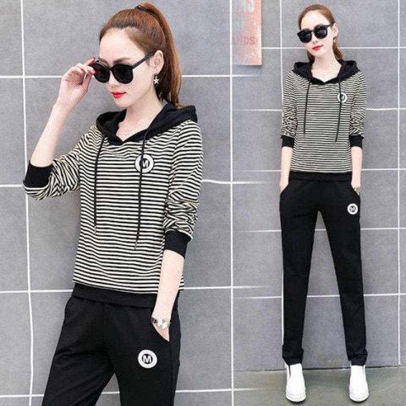 2024春秋季新款韩版条纹运动套装女连帽学生胖大码套装女两件套