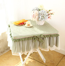 ALJ6芥末绿格子蕾丝田园布艺纯棉方桌布餐桌布台布床头柜罩茶几罩