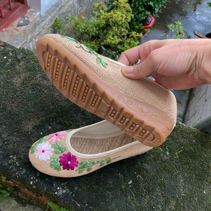丝带绣麻鞋 绣花女鞋 坡跟女布鞋 民族风丝带穿花单鞋 透气亚麻鞋