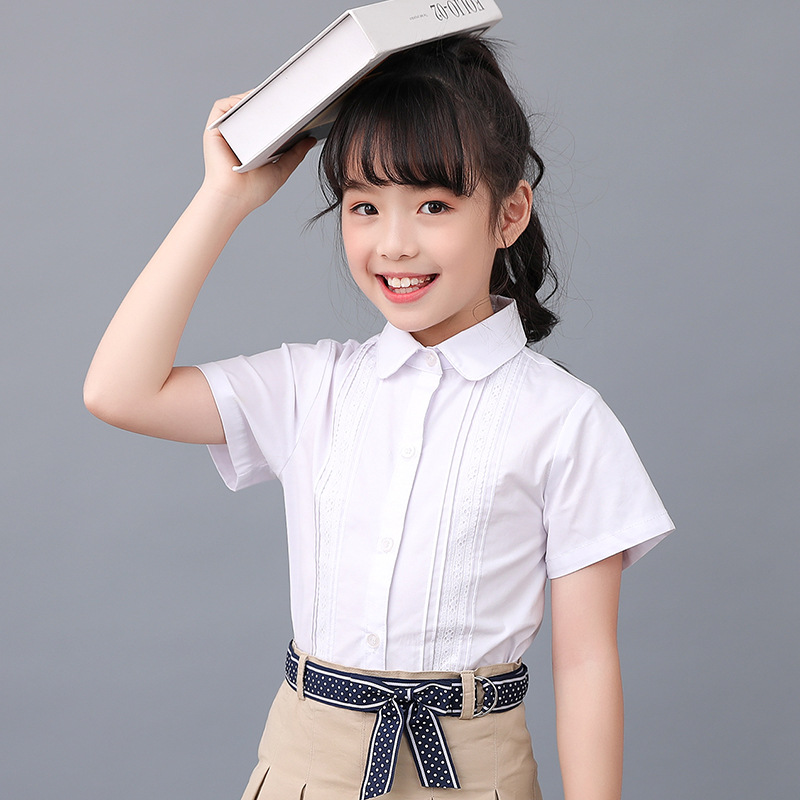 女童白色衬衫儿童短袖夏季衬衣小学生演出服上衣大童白校服纯棉夏