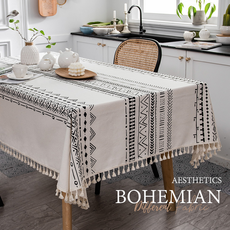 Bohemian Tablecloth Cotton Linen Disposable Fabric Ethnic Rectangular Tassel Meal B & B Tablecloth Waterproof Oil-Proof 