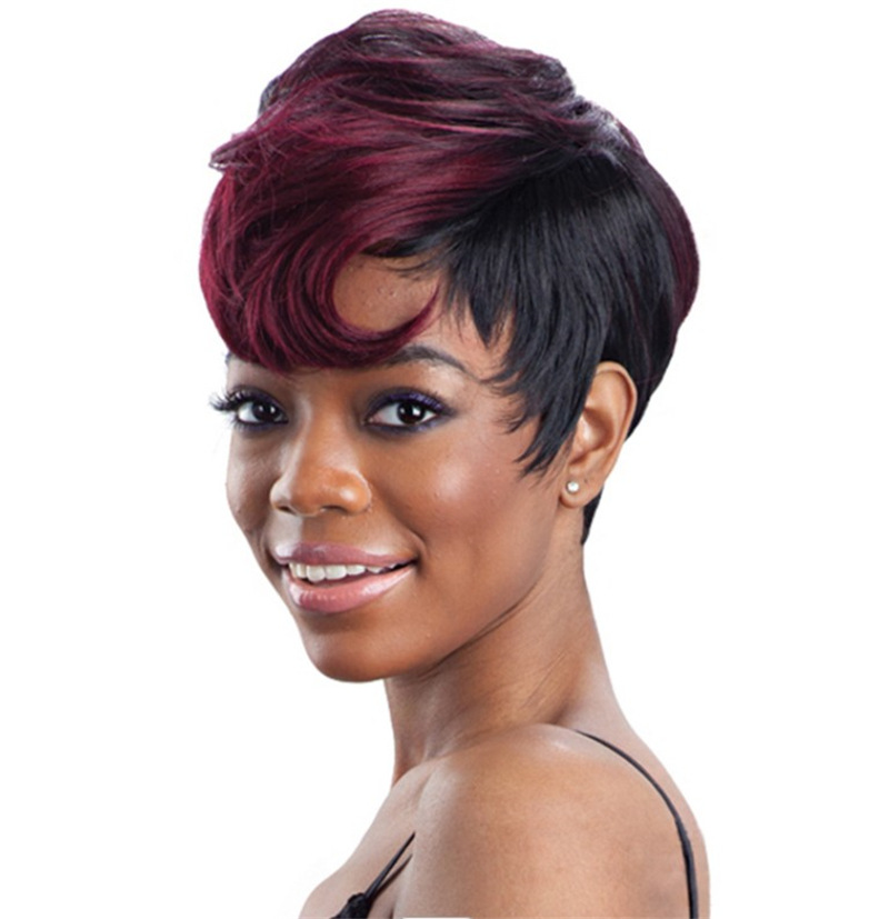 假发短发酒红色