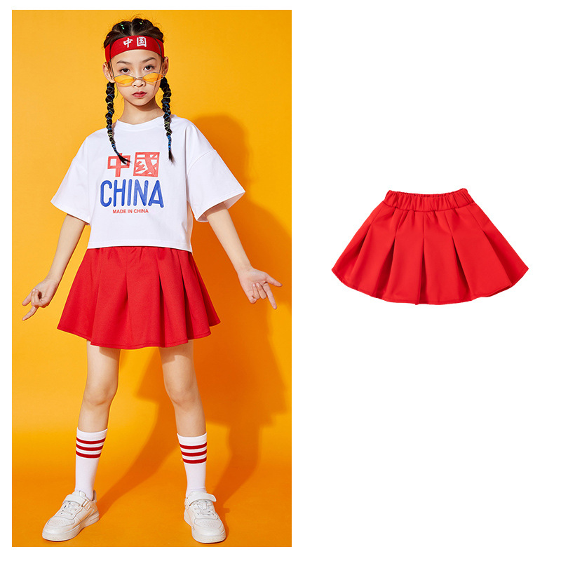 六一儿童节演出服幼儿园中国红舞蹈表演服装小学生白色短袖红短裤