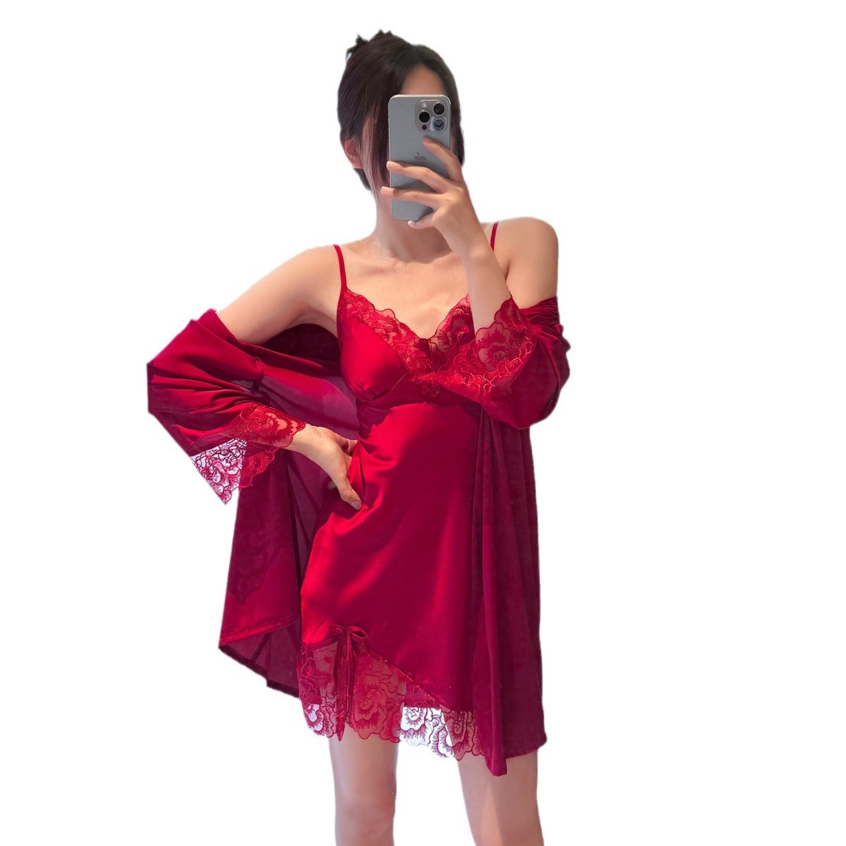 Sexy Sling Ice Silk Nightdress Two-Piece Set Spring and Summer Pure Desire Wind Belt Chest Pad Pajamas Suit Private Room Ladies' Homewear