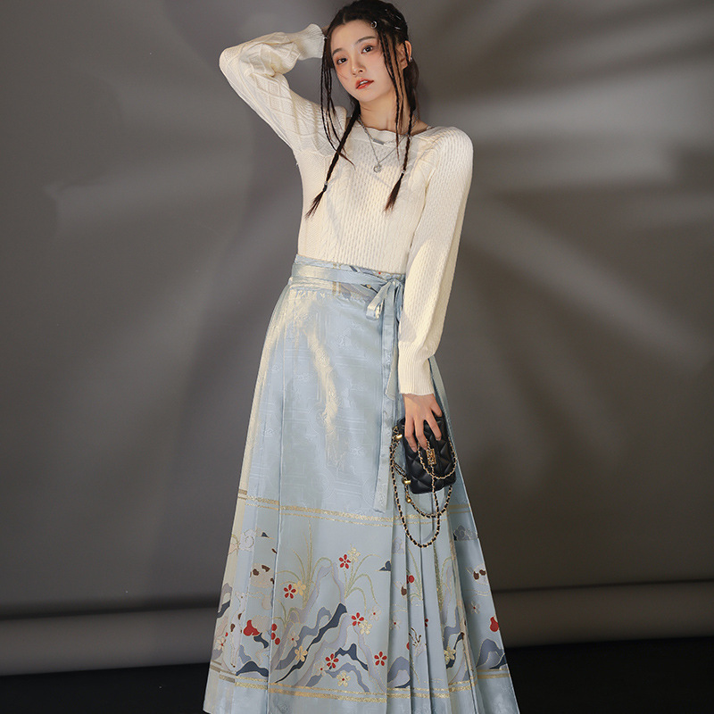 Adult Women's Han Chinese Clothing Summer Long Ming Makeup Flower Chinese Style Improved Daily One-Piece Woven Gold Horse-Face Skirt Spring and Autumn