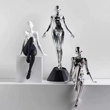 电镀空山基机械女神坐姿摆件 简约现代抽象人物雕塑 客厅软装饰品