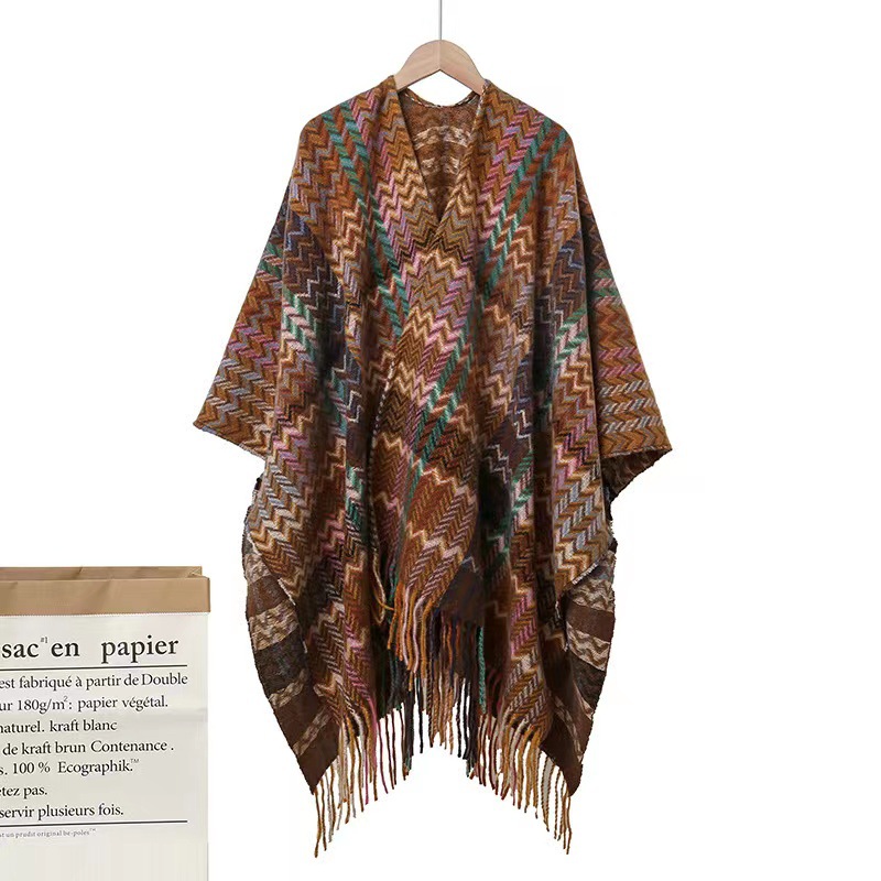 2023 Popular Sleeve All-Match Knitted Shawl Ethnic Style Tassel Split Cloak Outer Wear Warm Travel Travel