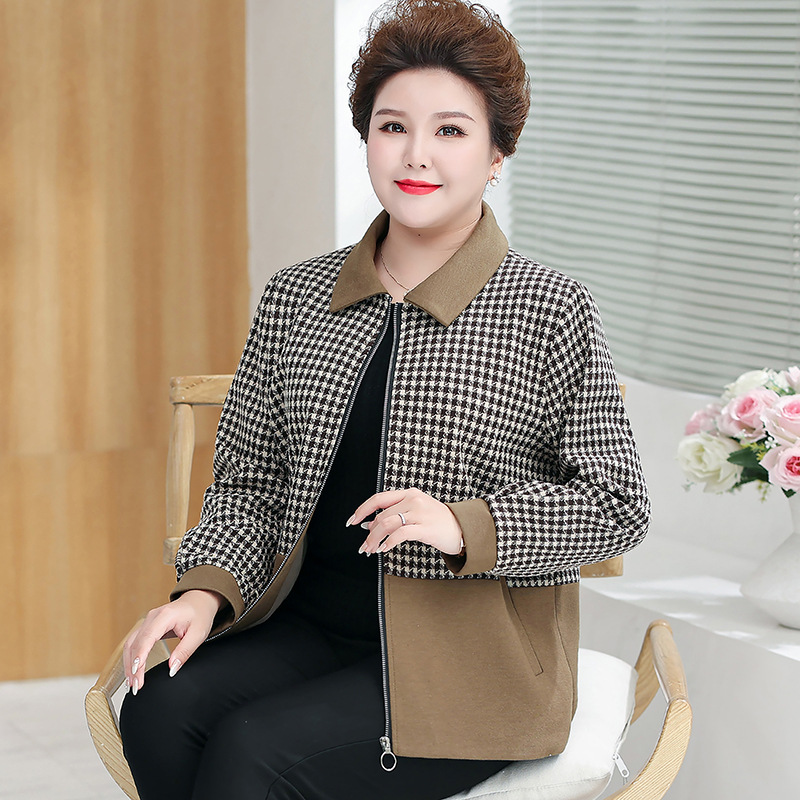 胖妈妈秋装加大码外套洋气大码女装中老年千鸟格加肥加大夹克上衣
