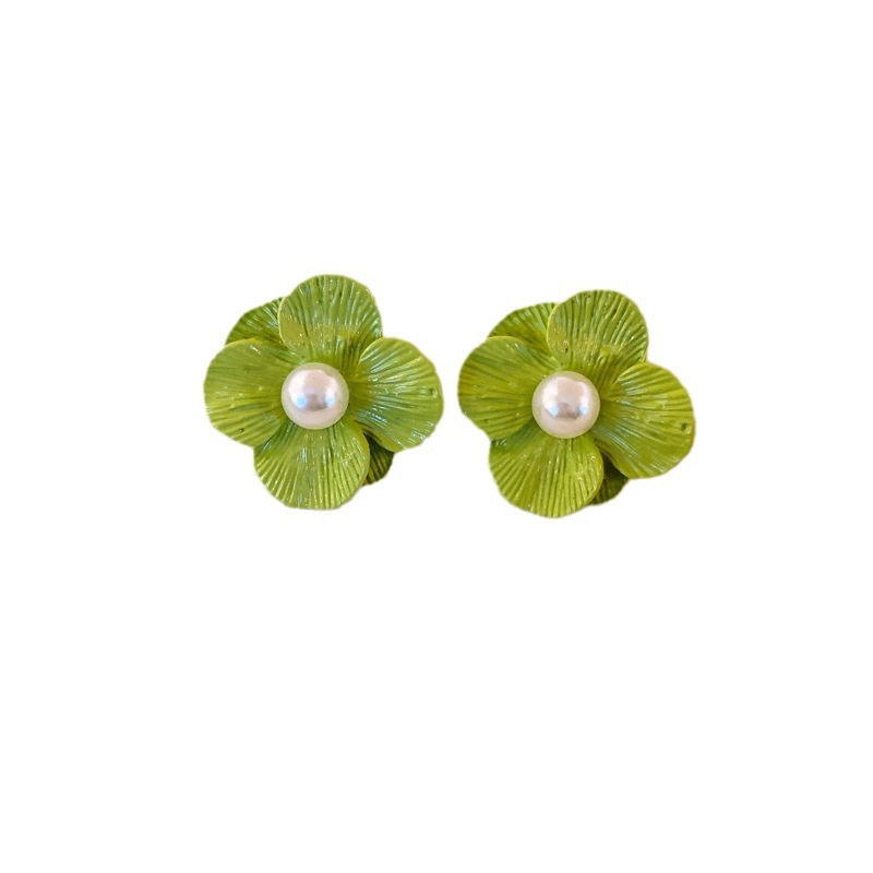 Silver Needle Fresh Green Resin Geometric Beads Flower Letter Ear Studs Trendy Earrings All-Match Commute Earrings