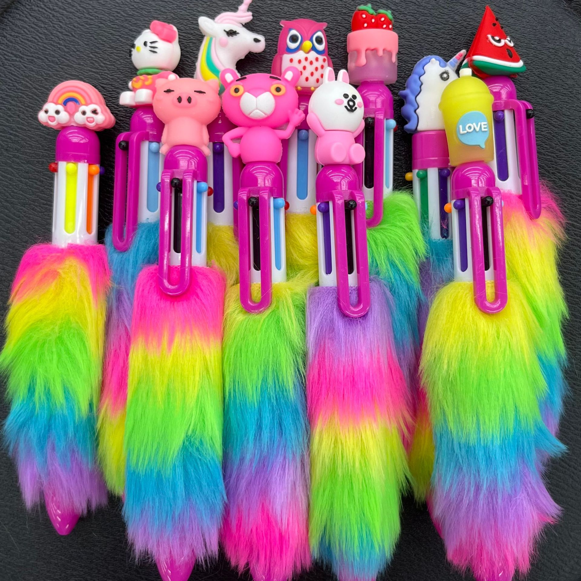 Creative Six-Color Ballpoint Pen Rainbow Fur Girl Heart High-Looking Student Stationery Cartoon Stereo Head Plush Pen Wholesale