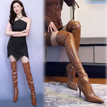 欧美风性感辣妹尖头细高跟漆皮过膝弹力靴大码显瘦侧拉链高筒女靴