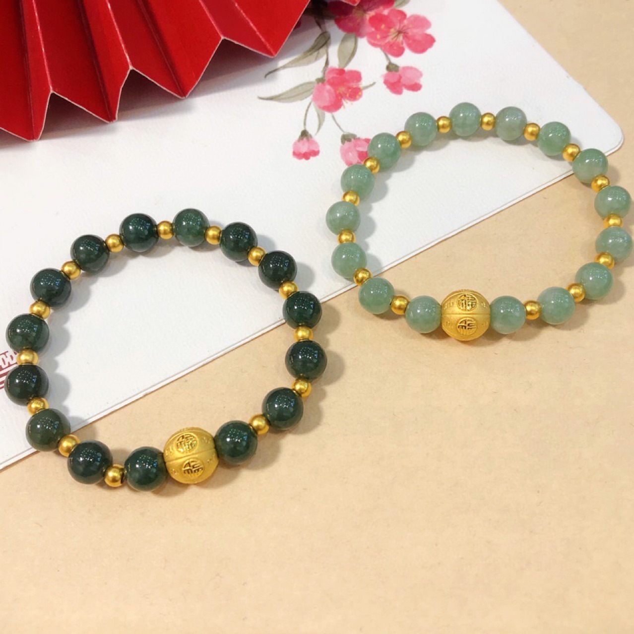 足金999福字转运珠路路通金珠手链女8mm天然翡翠手串女黄金珠子女