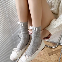 韩版春夏薄款白色中筒袜子女灰色小腿袜竖条纹深灰色堆堆袜网红款