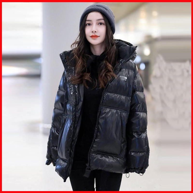 爆款明星baby杨颖同款加厚连帽羽绒服女亮面包服宽松白鸭绒短款黑