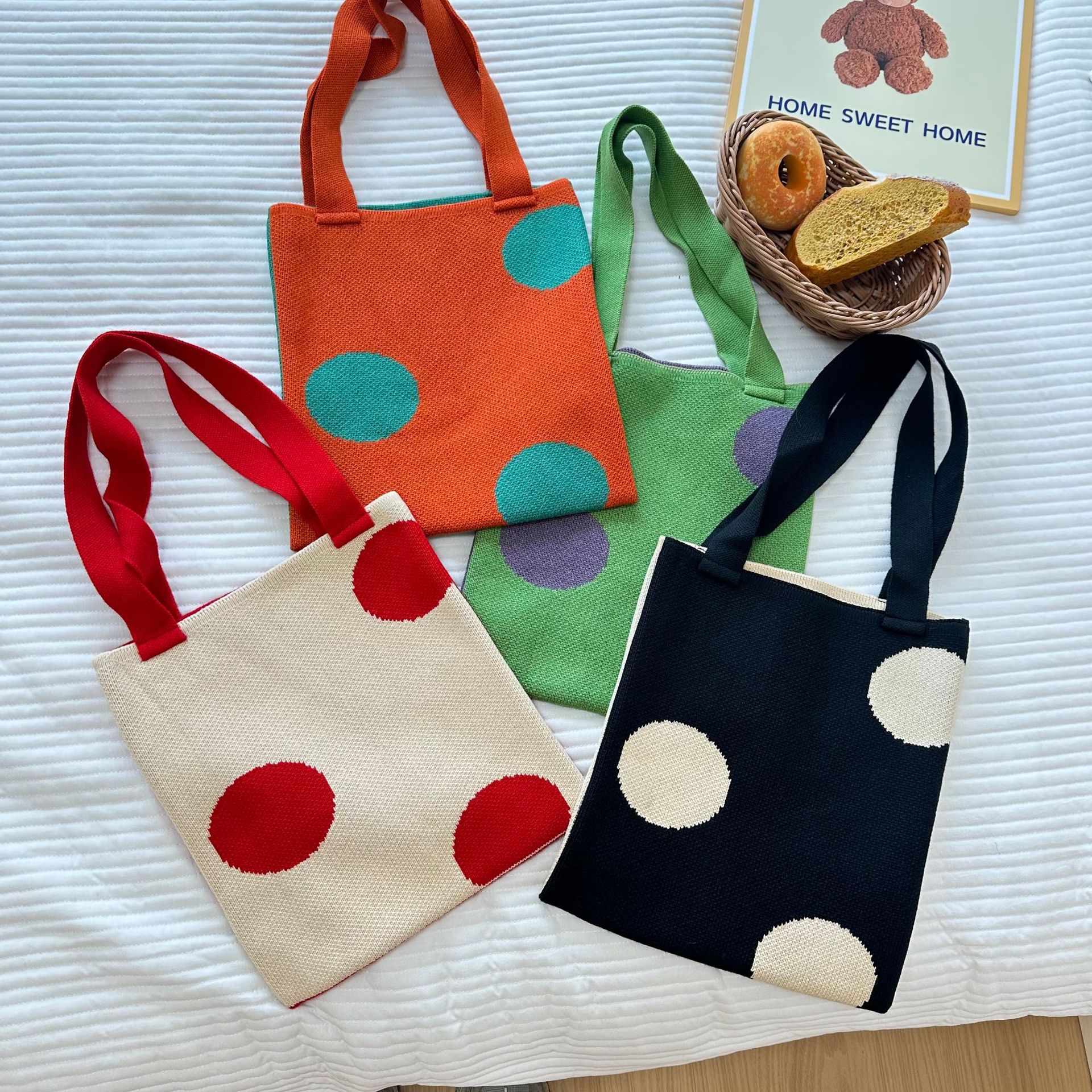 日系新款波点针织包包女大容量绿色卡通女包秋冬单肩手提购物袋包